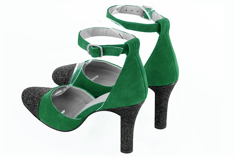 Gloss black and emerald green women's open side shoes, with a strap around the ankle. Round toe. Very high kitten heels. Rear view - Florence KOOIJMAN